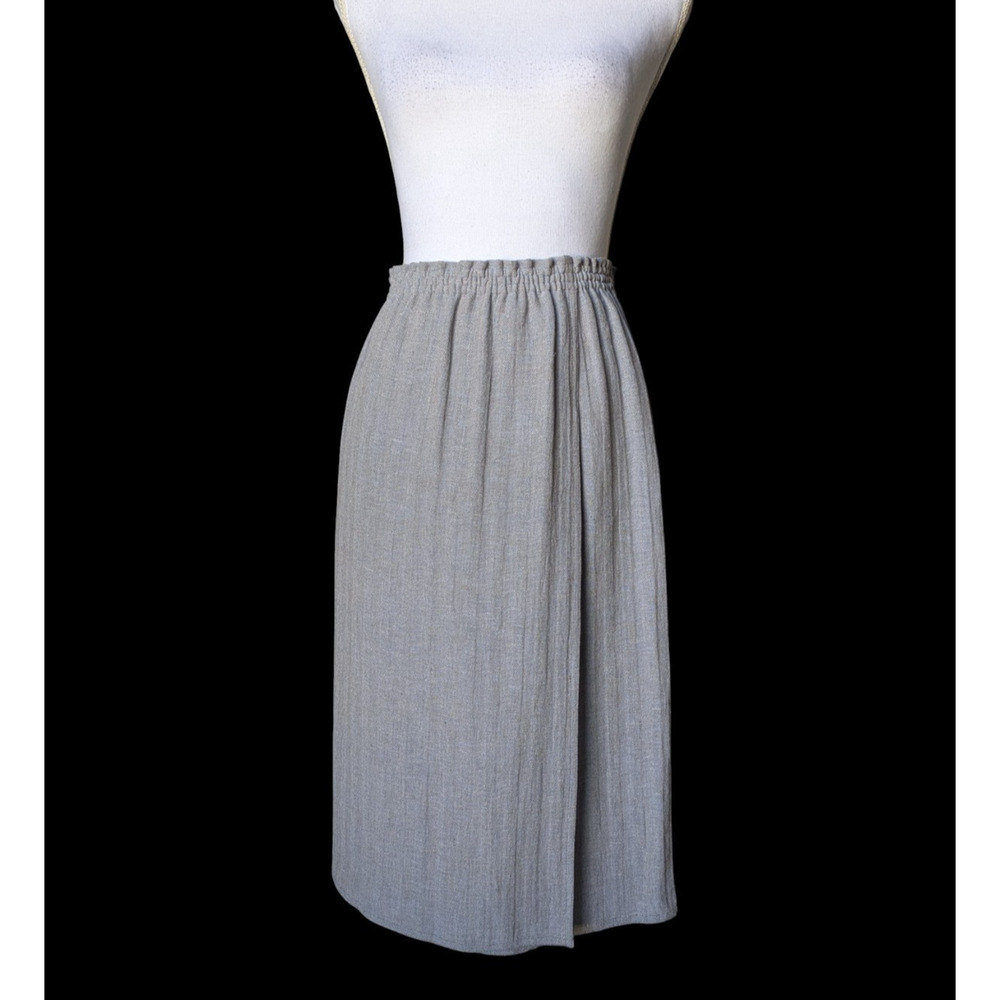 Zoran Gray 100% Linen Elastic Waist Pleated Knee Length Pencil Skirt Medium Wrap